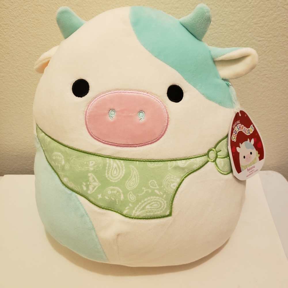 Squishmallow Belana the Cow with Bandana 11" Plush NWT Kellytoy Blue